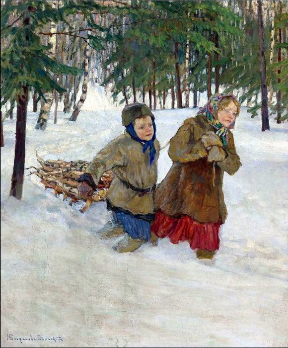 carrying wood in the snow